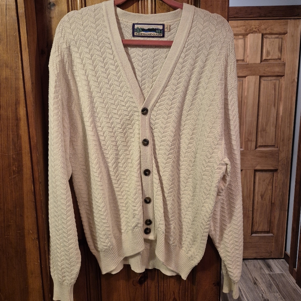 Vintage Shenandoah Mens Large Knit Cotton Cream Button Cardigan Sweater